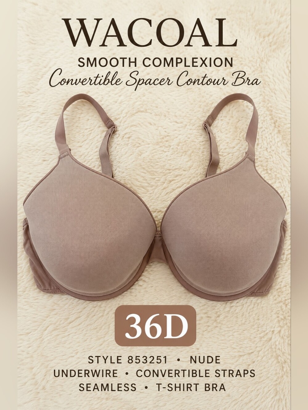 Wacoal Smooth Complexion Spacer Contour Bra 36D Nude Beige Mesh T Shirt 853251